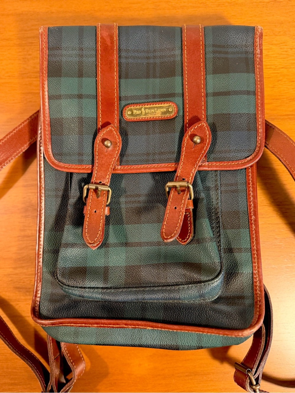 Vintage Polo Ralph Lauren Blackwatch Plaid Leather Backpack Fall Preppy Rare - Picture 3 of 10